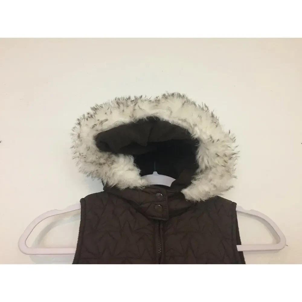 Y2K Gymboree Girl Vest Size M (7/8) Faux Fur Trim Jacket Quilt Brown Hoodie